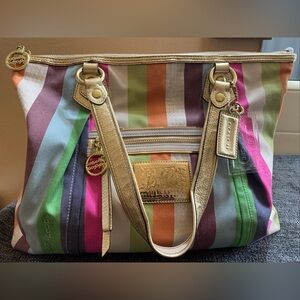 COACH Poppy Legacy Stripe Glam Sequin Tote Shoulder Handbag 16326 EUC Spring